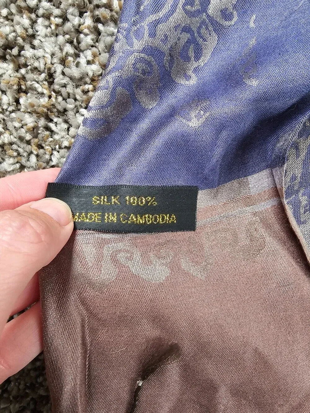 Vintage Cambodian 100% Silk Shawl Scarf Beige Brown Purple Striped Boho